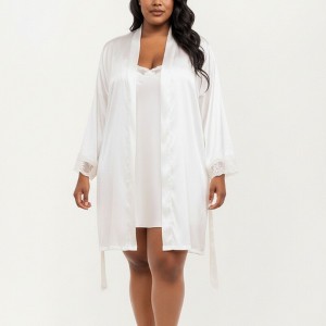 Anna-Kaci Lounge Women's PLus Size Satin Robe and Slip Set with Soft Lace Trim on Sleeves and Delicate Sheen - 1 of 4