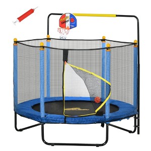 Kids Trampoline with Net, Basketball Hoop, Horizontal Bar Indoor - 1 of 4