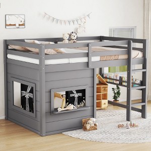 Twin/Full Size Loft Bed House Kids Loft Bed Frame with Double-Sided Sliding Chalkboard, Bookshelf & Safety Guardrails - ModernLuxe - 1 of 4
