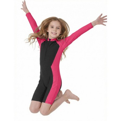 YesFashion Long Sleeve Swimsuit Girls UPF 50+ Rash Guard Bathing Suits Zip Up One Piece Swimwear Age 4-13y Hot Pink 140 — фото 2