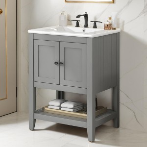 24" Modern Sleek Bathroom Vanity with Elegant Ceramic Sink,Solid Wood and MDF Bathroom Cabinet Frame with Open Bottom Shelf - Leovsnove - 1 of 4