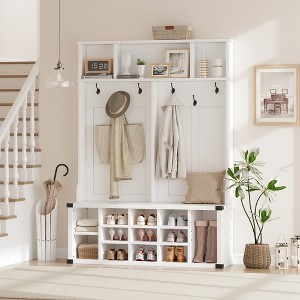 Hall Tree with Bench & Shoe Storage, 3-in-1 Wider Entryway Bench with Coat Rack & Adjustable Shelf, Farmhouse Hall Tree with 4 Corner Metal Protect - 1 of 4