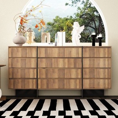Famapy Brown-Woodgrain Large Dresser 12 Drawer Natural Style Horizontal Dresser