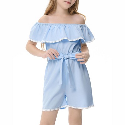 Little Girls One Piece Ruffle Cold One Shoulder Sleeveless Elastic Waist with Bow Strap Jumpsuit Rompers