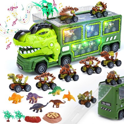 Skirfy Dinosaur Truck Toys for Kids, 18 in 1 T-Rex Transport Car Carrier Truck with Light, Music & Roar Sound and Slide