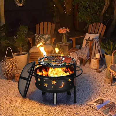 Captiva Designs 30" Star & Moon Bonfire Wood Burning Round Fire Pit E02GS051 Black: Outdoor Heating, Mesh Screen, Fire Poker