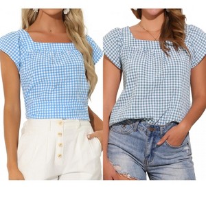 INSPIRE CHIC Women's Summer Square Neck Gingham Cap Sleeve Blouses 2 Packs - 1 of 4