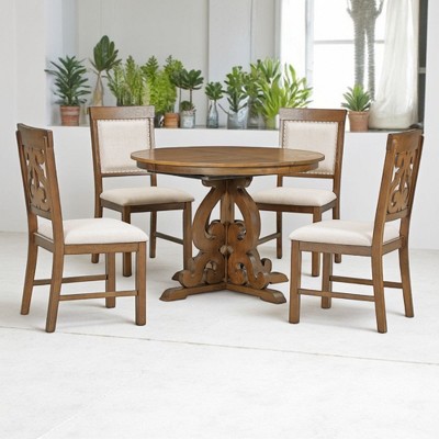 5-Piece Retro Dining Table Set with Extendable Round Table, 16-Inch Leaf, 4 Upholstered Chairs, Solid Wood & MDF, Ideal for Dining Room, Kitchen