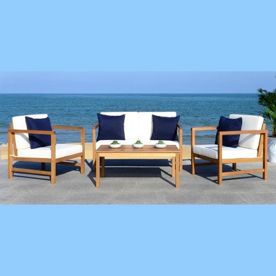 Montez 4-Piece Teak Brown and Beige Outdoor Set with Accent Pillows