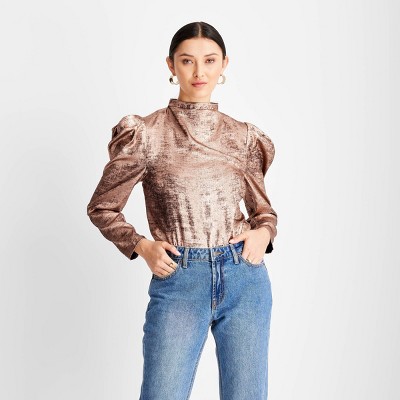 Women's Puff Shoulder Long Sleeve Mock Neck Blouse - Future Collective™ with Kahlana Barfield Brown