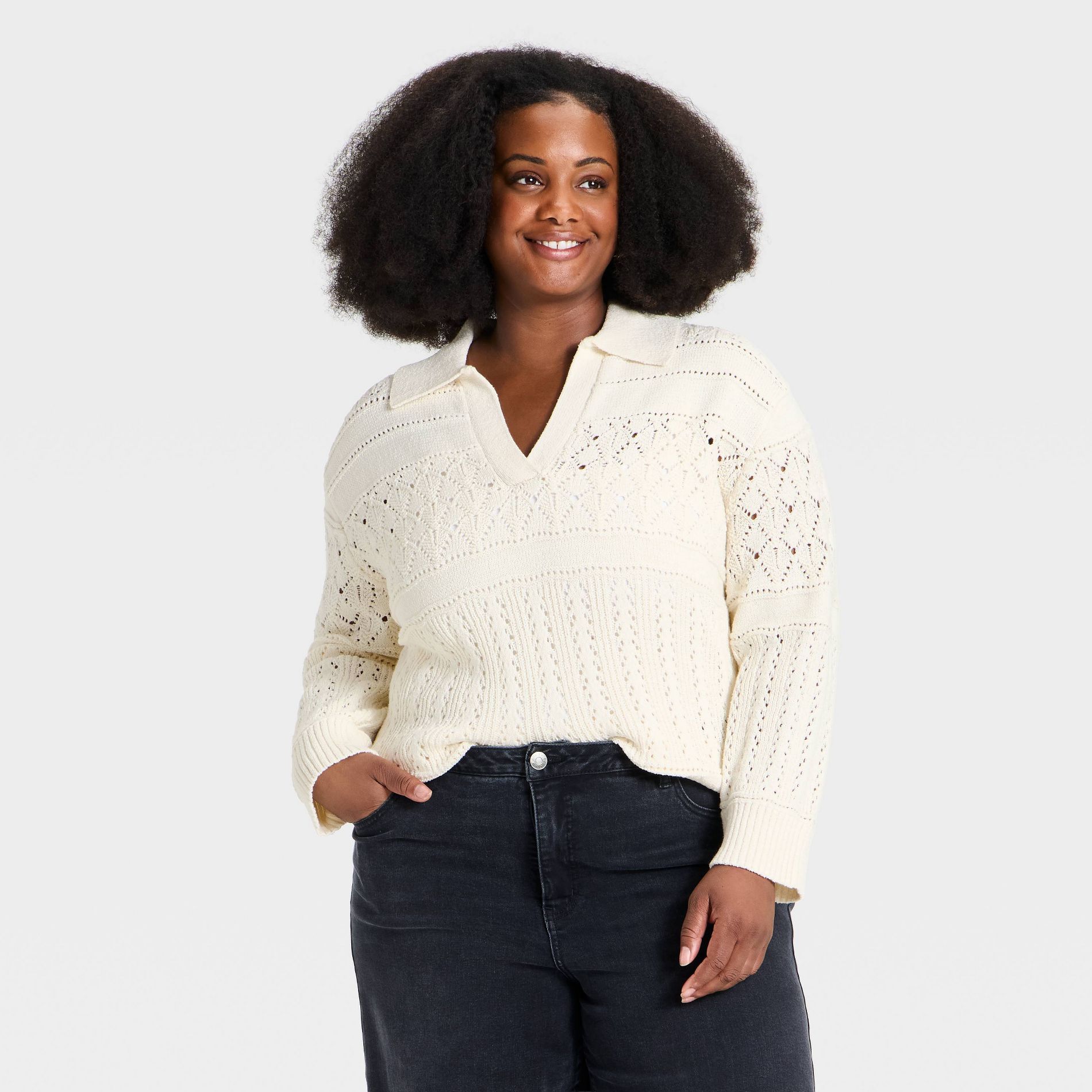 Women's Polo Collar Pullover Sweater - Ava & Viv™ Cream