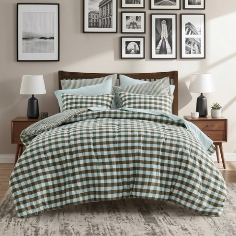 Regency Heights 8Pcs Plaid Print BIAB Comforter Set, Classic Style Dorm Bedding Set with Matching Sheets and Pillowcases, Green, Queen