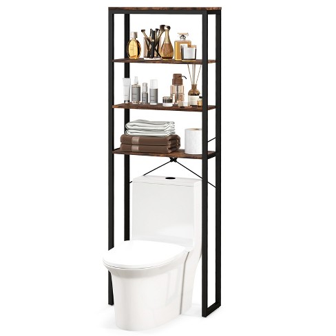 NOVIMANGO Over The Toilet Storage 3 Tier Over Toilet Bathroom Organizer  Wooden Bathroom Space Saver Freestanding Above Toilet Stand with 4 Hooks  Black