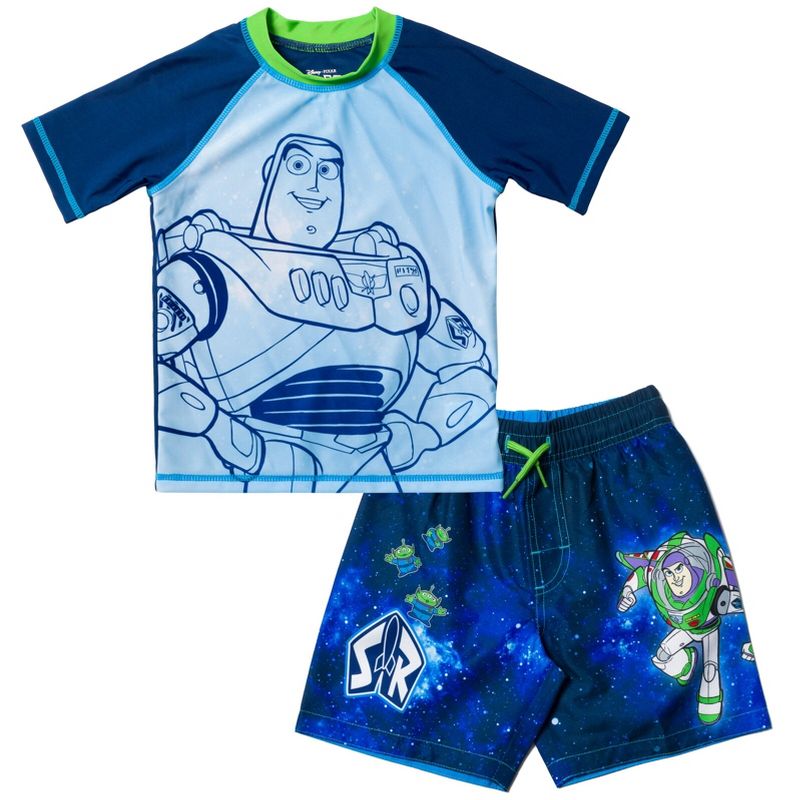 Disney Pixar Toy Story Alien Rex Slinky Dog Woody Baby Pullover Rash Guard and Swim Trunks Outfit Set Infant to Little Kid, 1 of 8