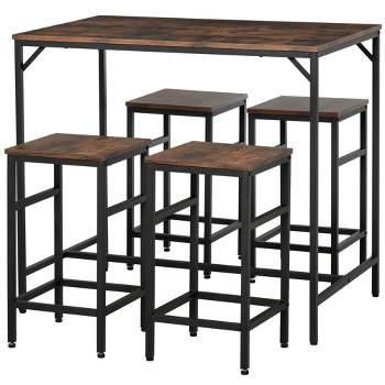 HOMCOM 5-Piece Industrial Dining Table Set, Bar Table & 4 Stools Set, Space Saving for Pub & Kitchen, Black/Brown