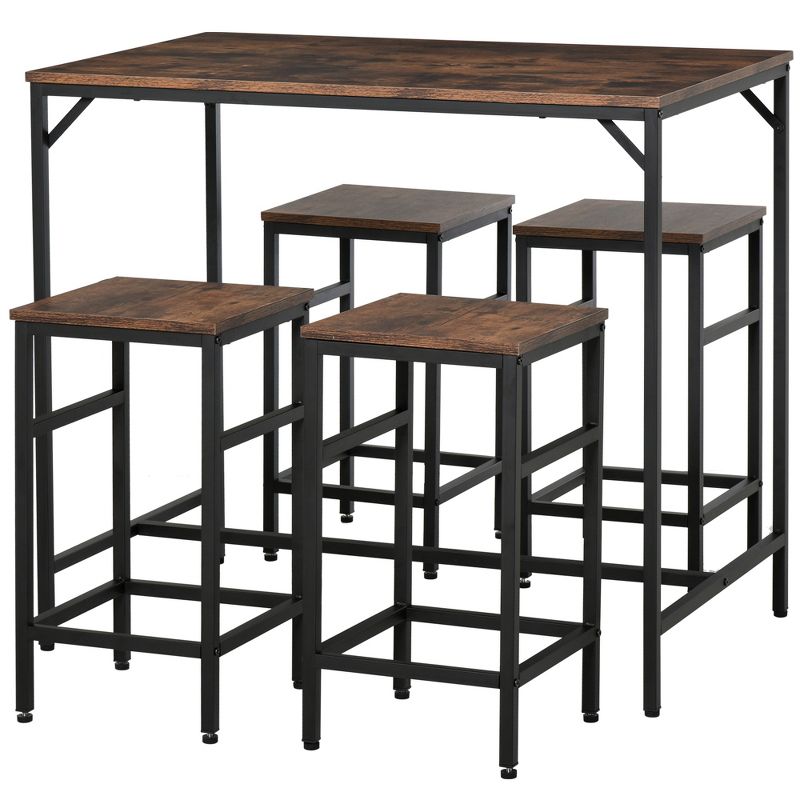 HOMCOM 5-Piece Industrial Dining Table Set, Bar Table & 4 Stools Set, Space Saving for Pub & Kitchen, Black/Brown, 1 of 10