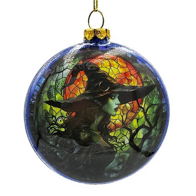 Witch and Black Cat Stained Glass Handblown Ornament, Spooky Halloween and Christmas Tree Decor| OrnamentallyYou