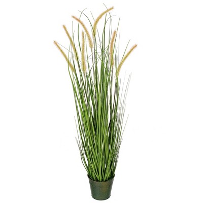 36" Green Artificial Grass and Cattails in Iron Pot