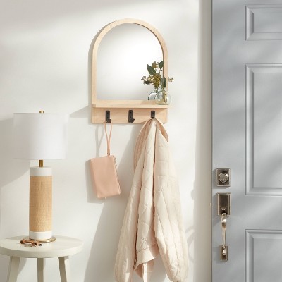 Light Wood Entryway Organizer with Mirror and Hooks