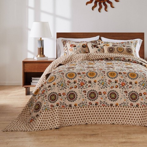 Greenland Home Fashions Queen Andorra Bedspread Bedding Set Beige - Greenland Home Fashions: Reversible Cotton, Abstract Floral, 3-Piece, Traditional Style
