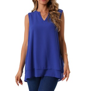 INSPIRE CHIC Women's Chiffon V Neck Sleeveless Casual Asymmetrical Hem Double Layer Flowy Blouse - 1 of 4