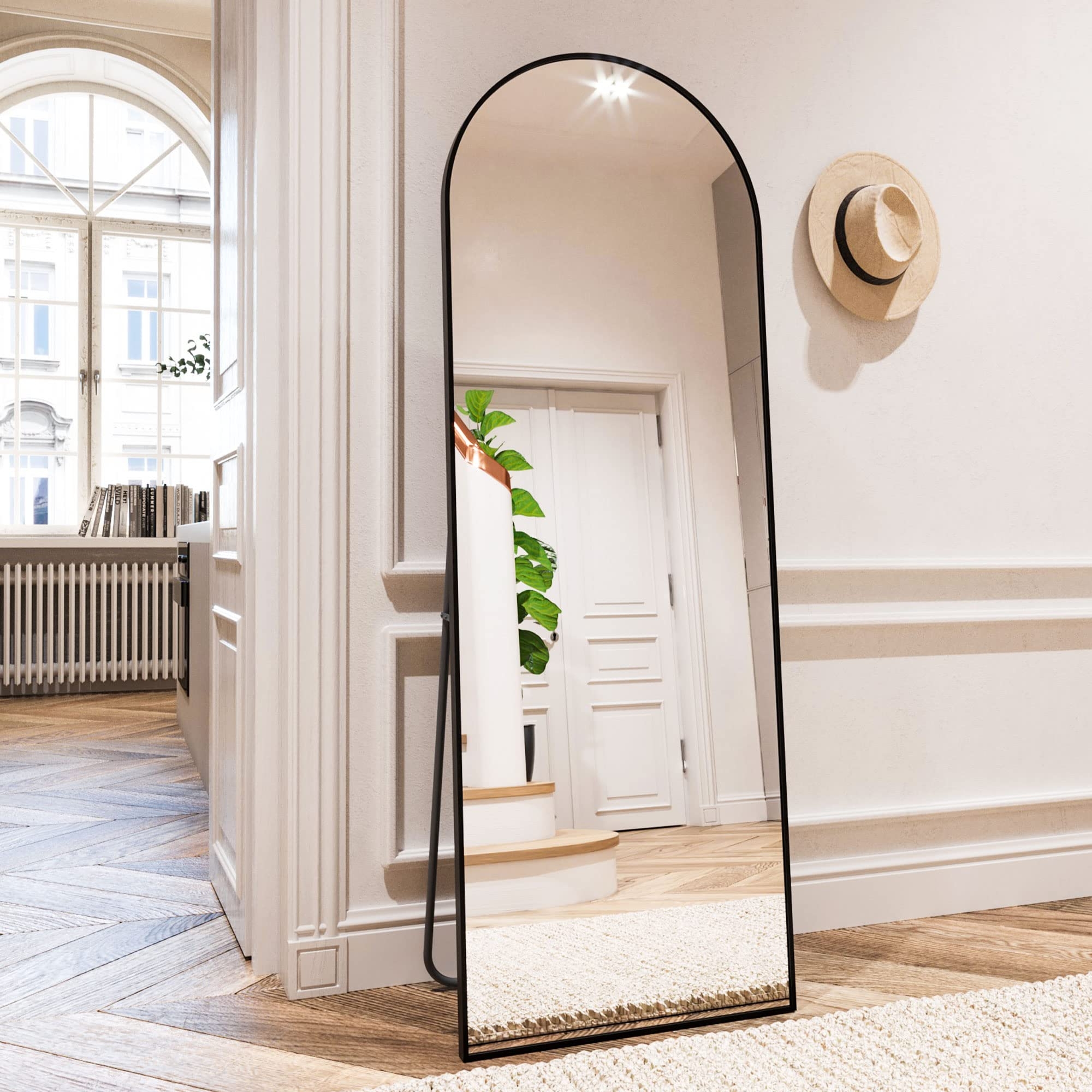 21" x 64" Full Length Arched Floor Mirror, Black-HOMLUX: Freestanding Design, Metal Frame