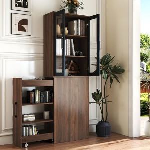 KWPZQEB 3-Tier Storage Cabinet, 70.87" Bookcase with Pull-Out Storage Shelf and 2 Glass Doors, Wooden Display Storage Cabinet for Living Room - 1 of 4