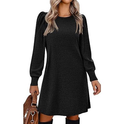 Women Knit Dress Puff Long Sleeve Dress for Fall Winter Round Neck Casual Tunic Dress