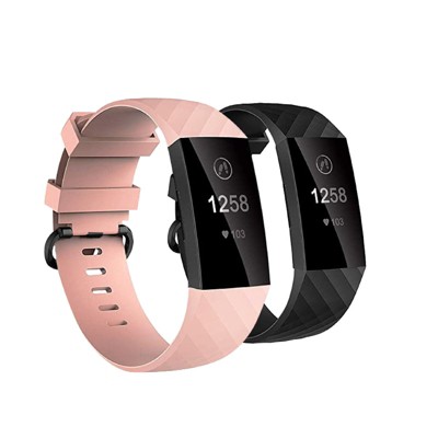 Insten 2-Pack Soft TPU Rubber Replacement Band For Fitbit Charge 4 & Charge 3, Black+Pink