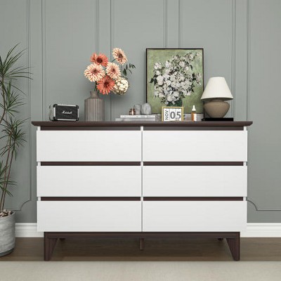 TIRAMISUBEST 51" Rattan Dresser with Drawers, 6 Drawer Dresser for Bedroom, Clothes Storage Cabinet for Bedroom, Metal Handle&Wood Legs for