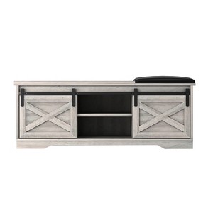 HomeRoots 47" Gray And Black Wood And Faux Leather Storage Bench with Shelves - 1 of 4