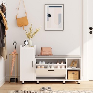 Shoe Storage Bench with Flip Drawer Shoe Cabinet, 8 Adjustable Metal Feet - 1 of 4