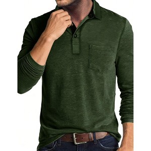 Men's Long Sleeve Polo Shirt Casual Collared Shirt with Pocket - 1 of 4