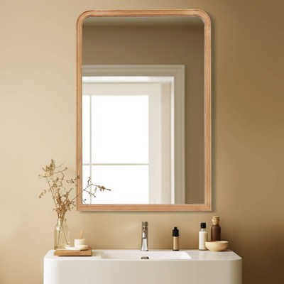 Natural Wood Rectangular Wall Mirror with Arched Top 24" x 36"