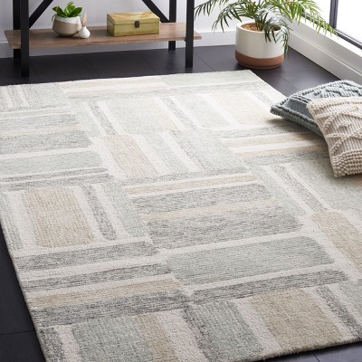 Ivory and Grey Hand-Tufted Wool Geometric Square Rug, 5' x 5'