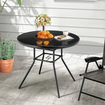 Tangkula 34 Inch Round Patio Table With Tempered Glass Top & Umbrella Hole
