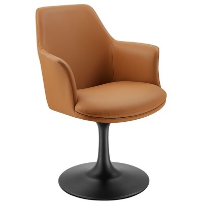 Modway Lippa Swivel Dining Armchair – Faux Leather Barrel Chair with 360° Rotation and Pedestal Base in Black and Tan