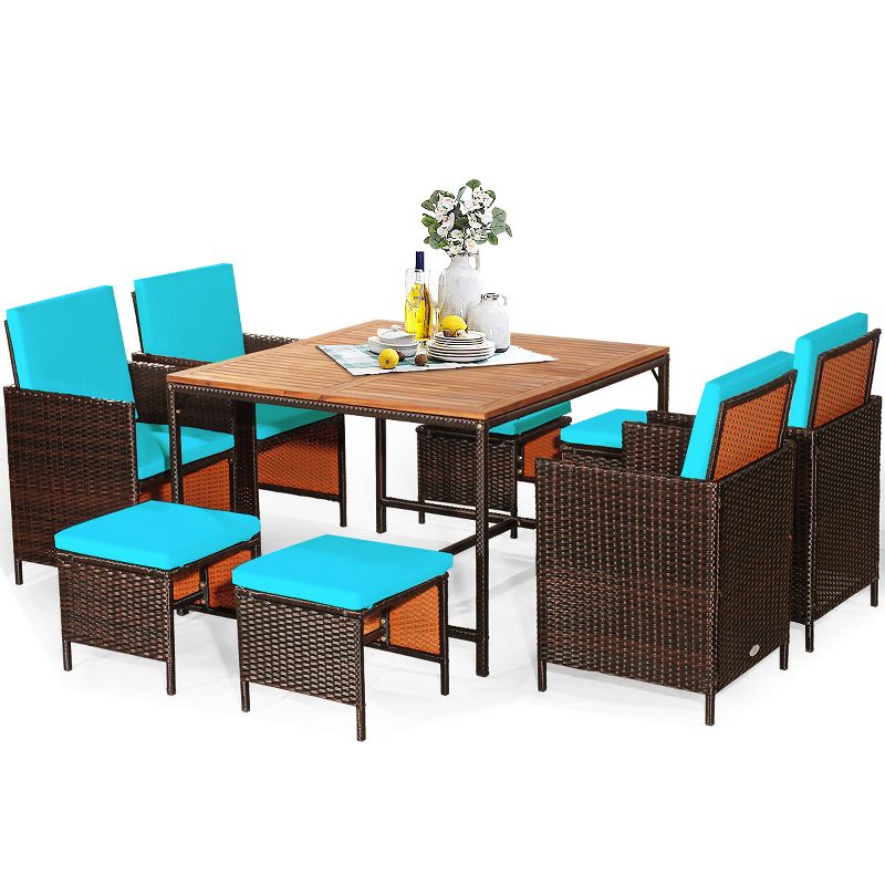 Tangkula 9 PCS Outdoor Patio Dining Set Conversation Furniture W/ Removable Cushions Turquoise, 1 of 5
