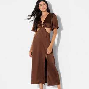 Women's Flutter Sleeve Satin Cap Maxi Bodycon Dress - Wild Fable™ Dark Brown - 1 of 3