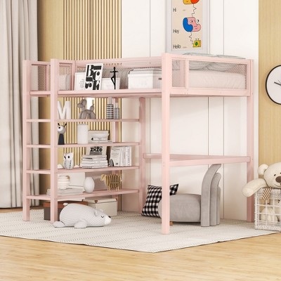 Metal Twin Size Loft Bed with 4 Shelves and Storage - ModernLuxe