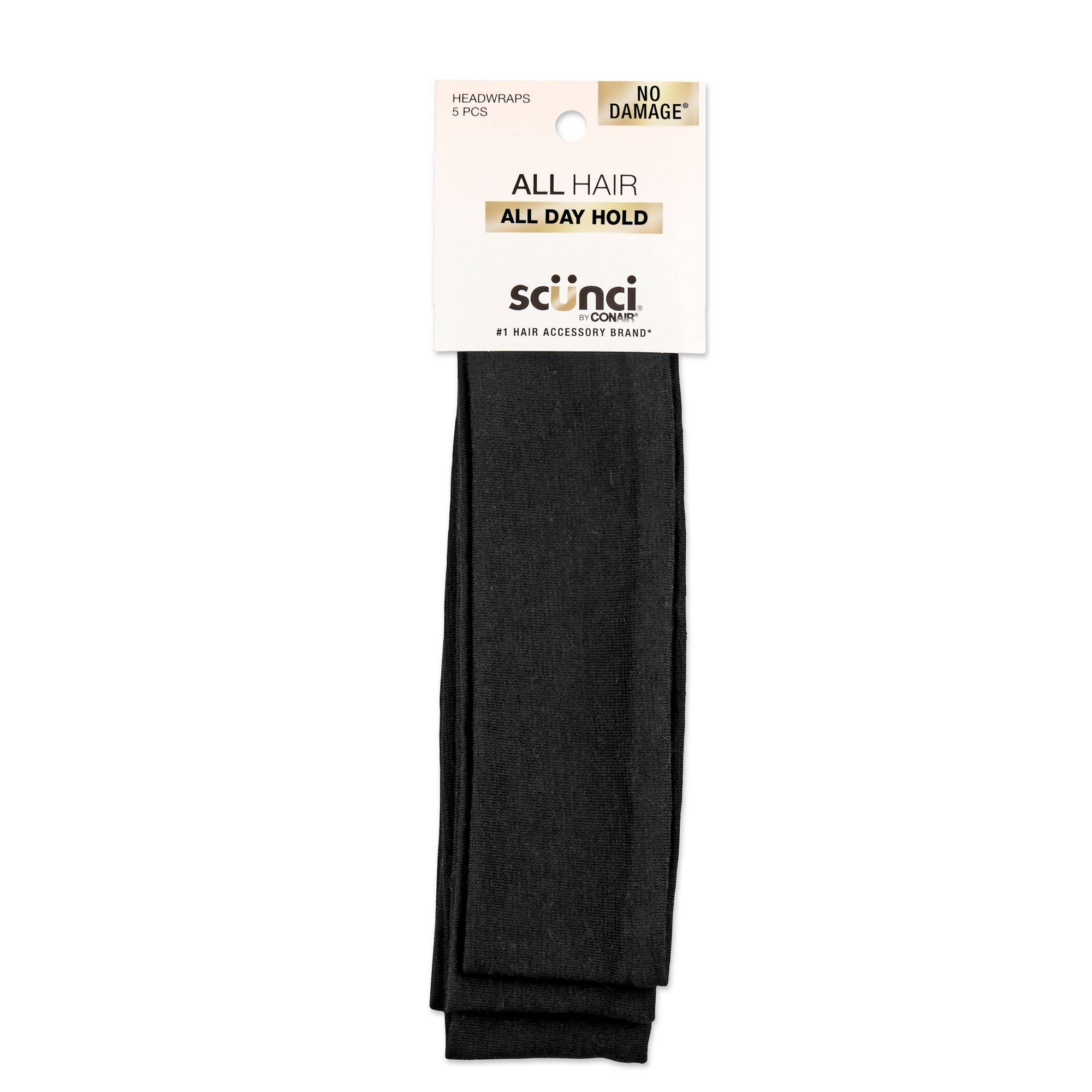 scünci No Damage Stretch Fabric Headbands - Black - All Hair - 5pcs: Hair Styling, Solid Pattern, Elastic
