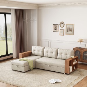SKRAN 84"L Shaped Sofa Sleeper Couch with Pull Out Bed ＆ Wooden Armrests,Storage,Linen Convertible Corner Couch for Living Room,Apartment, - 1 of 4