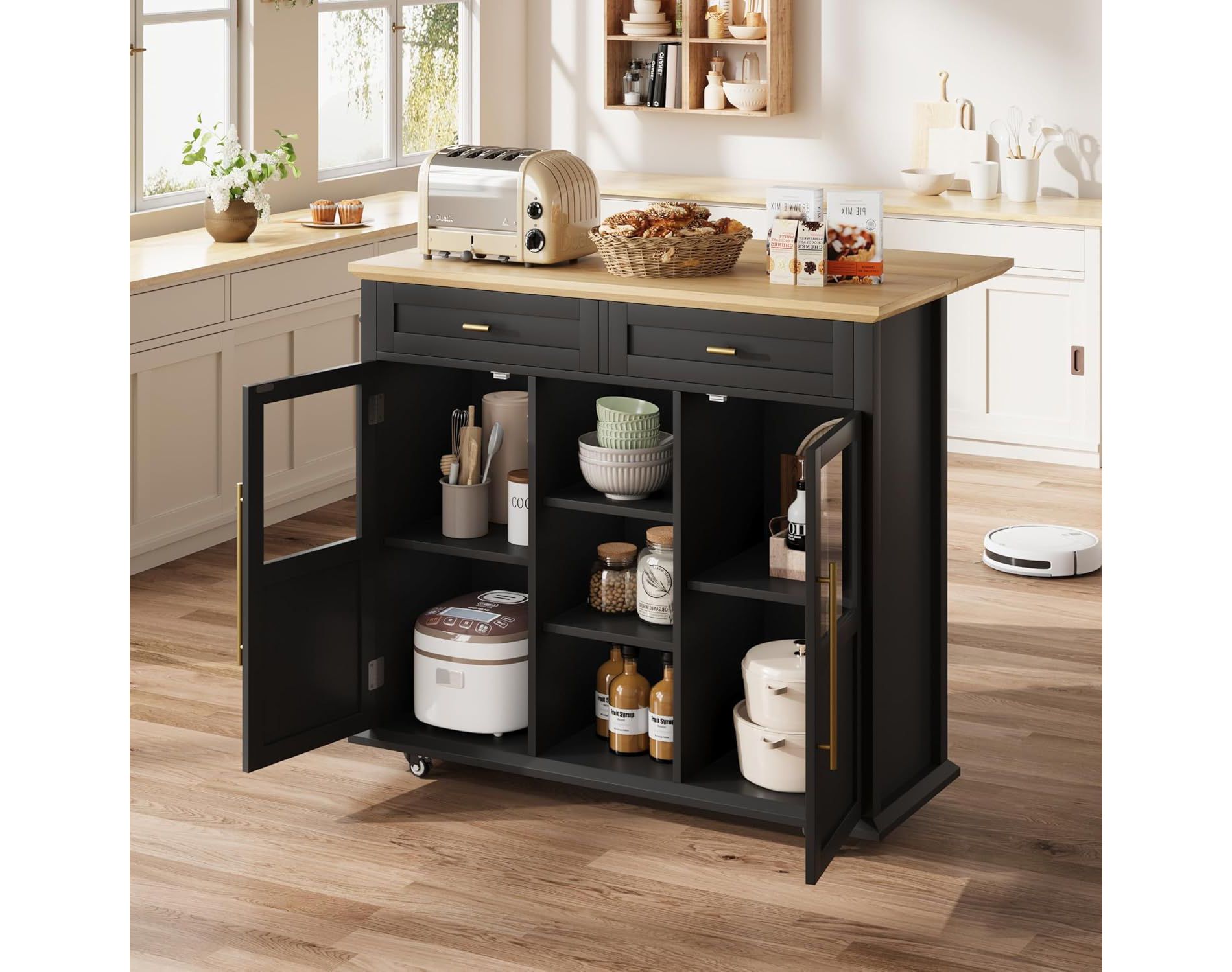 Acekool 41" Mobile Farmhouse Kitchen Island with Drop Leaf, Glass Door Cabinets, Open Shelves, 2 Drawers, Towel Bar, Black/Wood