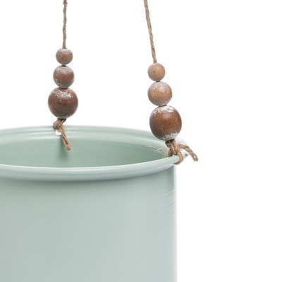 Set of 2 Green and White Metal Hanging Planters with Wood Beads