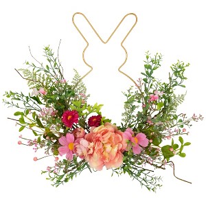 Northlight Bunny and Peony Mixed Floral Wall Hanging Easter Decoration - 16"  - Pink - 1 of 4