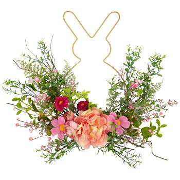 Northlight Bunny and Peony Mixed Floral Wall Hanging Easter Decoration - 16"  - Pink