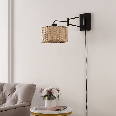 Black Iron Wall Sconce with Natural Rattan Shade, Set of 2