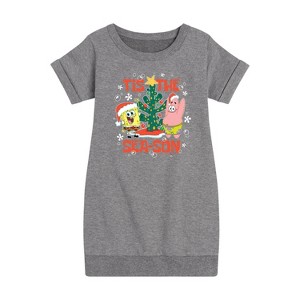 Girls' - SpongeBob SquarePants - Tis The Season Graphic Short Sleeve Fleece Dress - 1 of 4