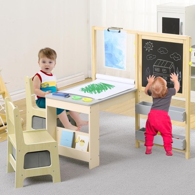 Children's art table and chair set, wooden easel, double-sided blackboard and whiteboard, with storage function, suitable for children's activities