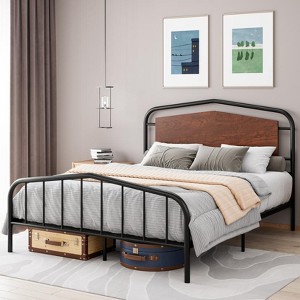 Roof Canopy Iron-Wood Platform Bed - Sandalwood Queen Size Bed with Fence Rail for Bedroom - 1 of 2